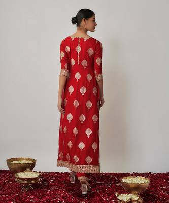 Red sindhoori red georgette benarasi kurta pants set 2