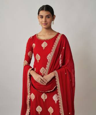 Red sindhoori red georgette benarasi kurta pants set 3