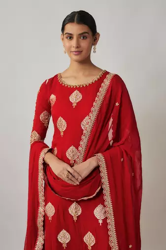 Red sindhoori red georgette benarasi kurta pants set