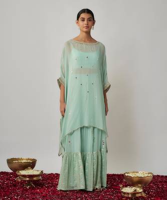 Blue mint sequin, mirror and thread embroidered georgette kaftan and sharara set 1