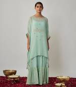 Blue mint sequin, mirror and thread embroidered georgette kaftan and sharara set