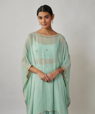 Blue mint sequin, mirror and thread embroidered georgette kaftan and sharara set 2