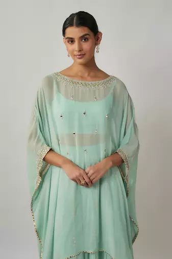 Blue mint sequin, mirror and thread embroidered georgette kaftan and sharara set