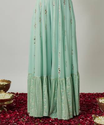 Blue mint sequin, mirror and thread embroidered georgette kaftan and sharara set 3