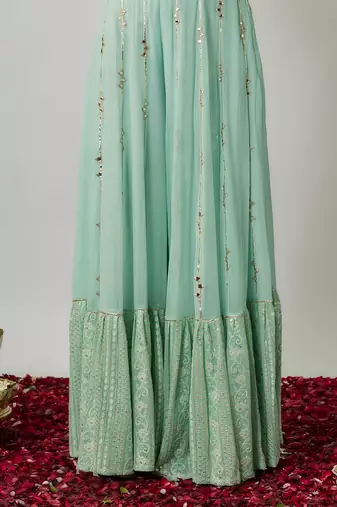 Blue mint sequin, mirror and thread embroidered georgette kaftan and sharara set
