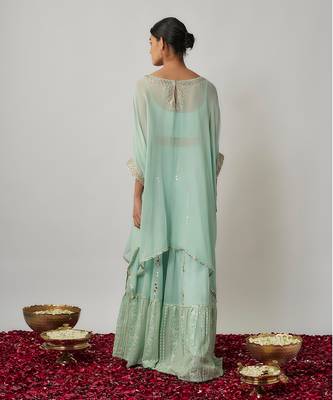 Blue mint sequin, mirror and thread embroidered georgette kaftan and sharara set 4