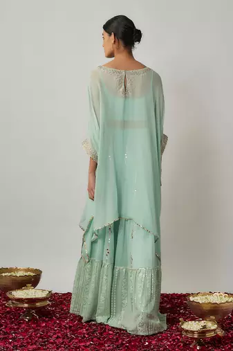 Blue mint sequin, mirror and thread embroidered georgette kaftan and sharara set