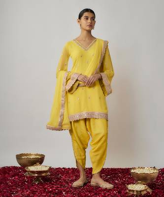 Yellow lemon mirror, sequin and zari embroidered kurta dhoti set 1