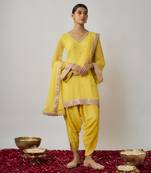 Yellow lemon mirror, sequin and zari embroidered kurta dhoti set