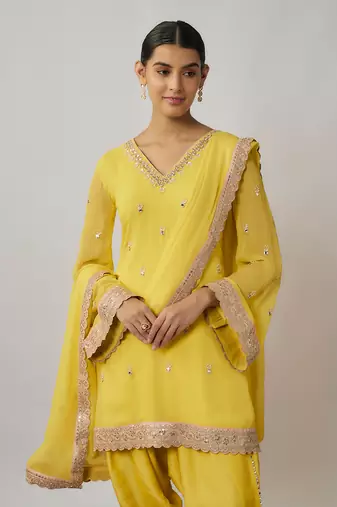 Yellow lemon mirror, sequin and zari embroidered kurta dhoti set