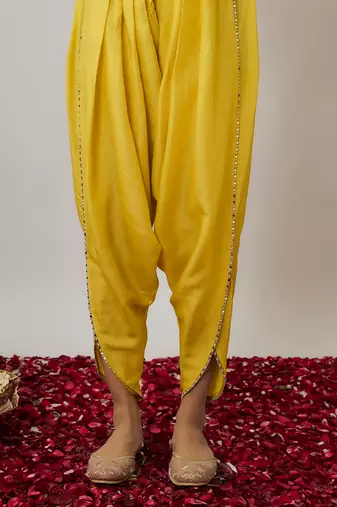Yellow lemon mirror, sequin and zari embroidered kurta dhoti set
