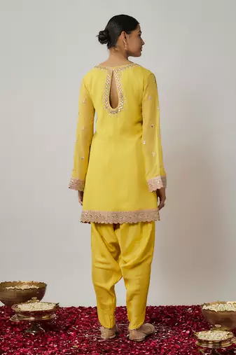 Yellow lemon mirror, sequin and zari embroidered kurta dhoti set