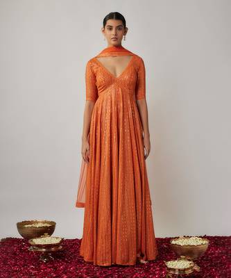 Orange sequin and thread embroidered georgette anarkali gown set 1