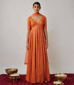 Orange sequin and thread embroidered georgette anarkali gown set