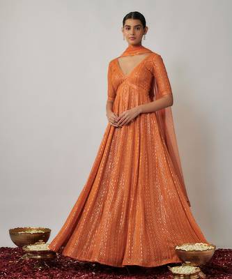Orange sequin and thread embroidered georgette anarkali gown set 2