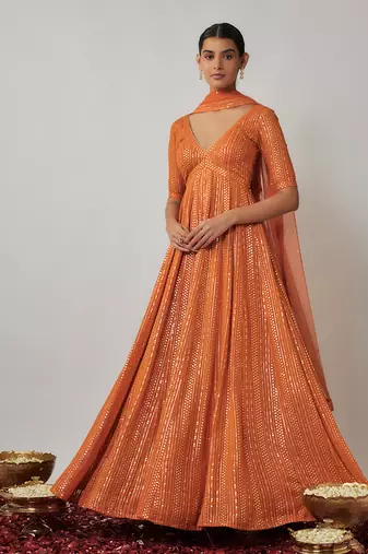Orange sequin and thread embroidered georgette anarkali gown set