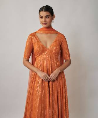 Orange sequin and thread embroidered georgette anarkali gown set 3