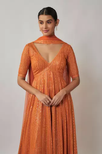 Orange sequin and thread embroidered georgette anarkali gown set