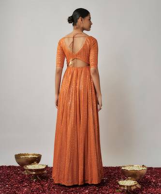 Orange sequin and thread embroidered georgette anarkali gown set 4
