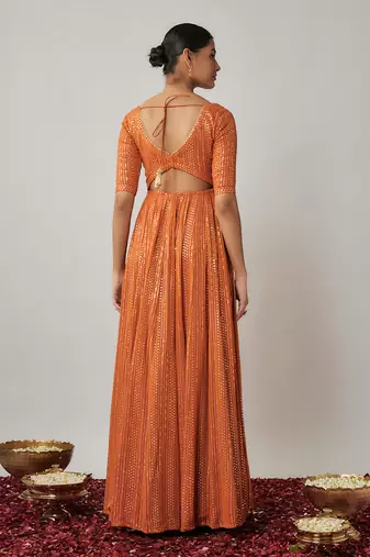 Orange sequin and thread embroidered georgette anarkali gown set