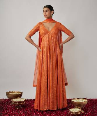 Orange sequin and thread embroidered georgette anarkali gown set 5