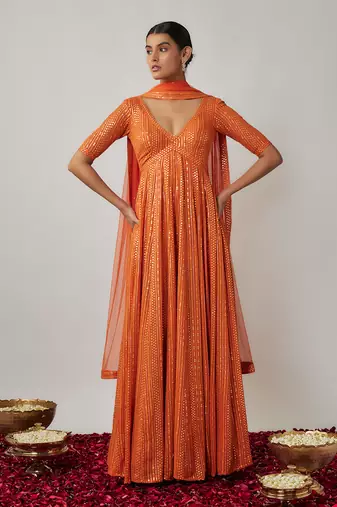 Orange sequin and thread embroidered georgette anarkali gown set