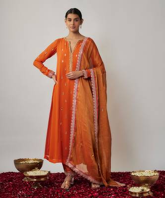 Orange Saffron Mirror, Sequin and Thread Embroidered Viscose Plus Size Kurtis 1