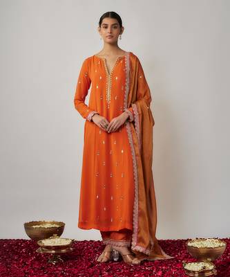 Orange Saffron Mirror, Sequin and Thread Embroidered Viscose Plus Size Kurtis 2