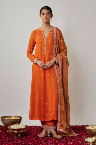 Orange Saffron Mirror, Sequin and Thread Embroidered Viscose Plus Size Kurtis