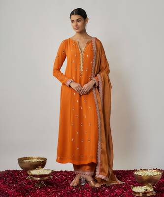 Orange Saffron Mirror, Sequin and Thread Embroidered Viscose Plus Size Kurtis 3