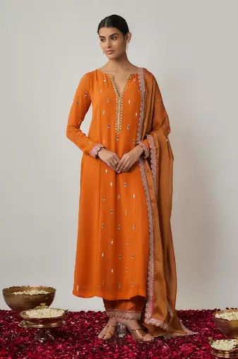 Orange Saffron Mirror, Sequin and Thread Embroidered Viscose Plus Size Kurtis