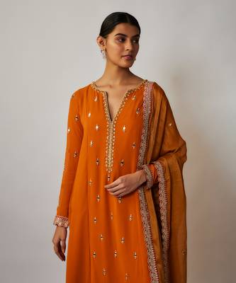 Orange Saffron Mirror, Sequin and Thread Embroidered Viscose Plus Size Kurtis 4