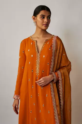 Orange Saffron Mirror, Sequin and Thread Embroidered Viscose Plus Size Kurtis