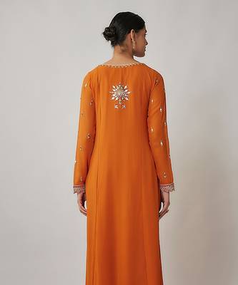 Orange Saffron Mirror, Sequin and Thread Embroidered Viscose Plus Size Kurtis 5