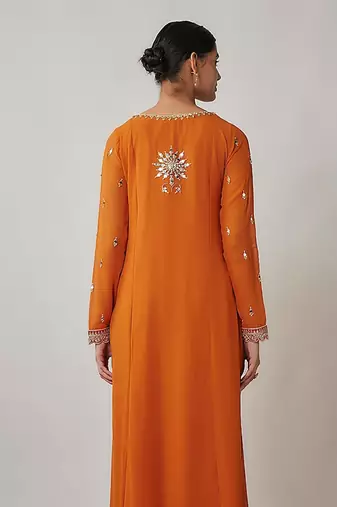Orange Saffron Mirror, Sequin and Thread Embroidered Viscose Plus Size Kurtis
