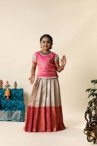 Pink bubble grass pattu pavadai for girls