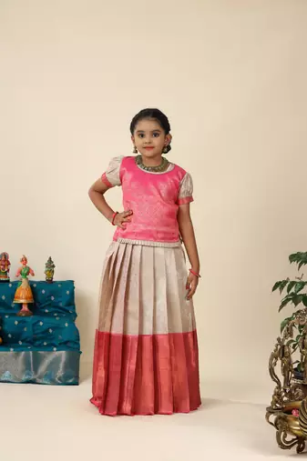 Pink bubble grass pattu pavadai for girls