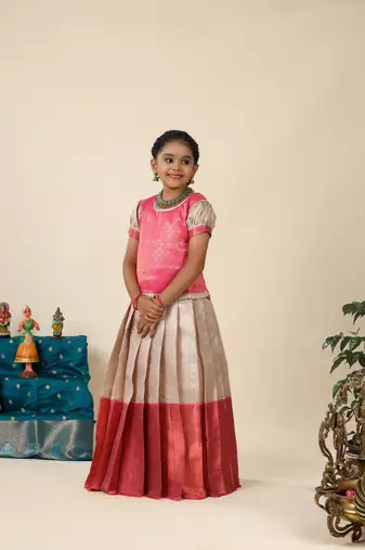 Pink bubble grass pattu pavadai for girls