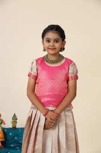 Pink bubble grass pattu pavadai for girls