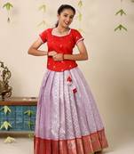 Lavender and Red Banarasi Silk Pattu Pavadai with Zari Embroidery