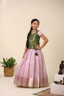 lavender zari work chanderi pattu pavadai set 1