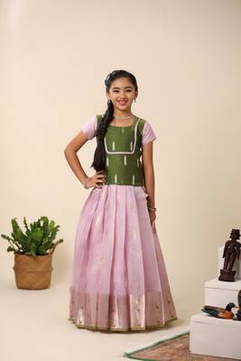 lavender zari work chanderi pattu pavadai set 5