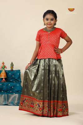 Grey paithani parakeet pattu pavadai for girls 1
