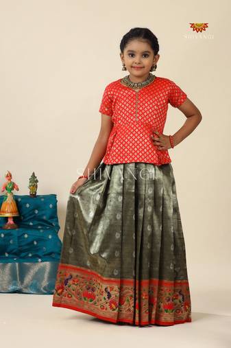 Grey paithani parakeet pattu pavadai for girls