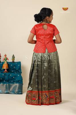 Grey paithani parakeet pattu pavadai for girls 2