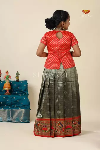 Grey paithani parakeet pattu pavadai for girls