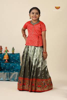 Grey paithani parakeet pattu pavadai for girls 3