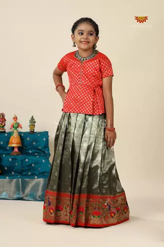 Grey paithani parakeet pattu pavadai for girls