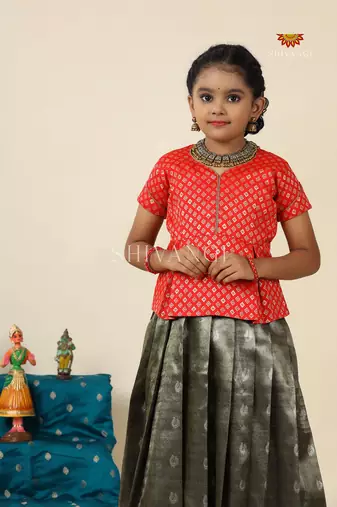 Grey paithani parakeet pattu pavadai for girls
