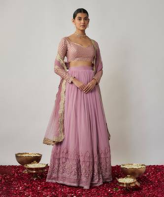 Mauve sequin & thread embroidered net lehenga set 1